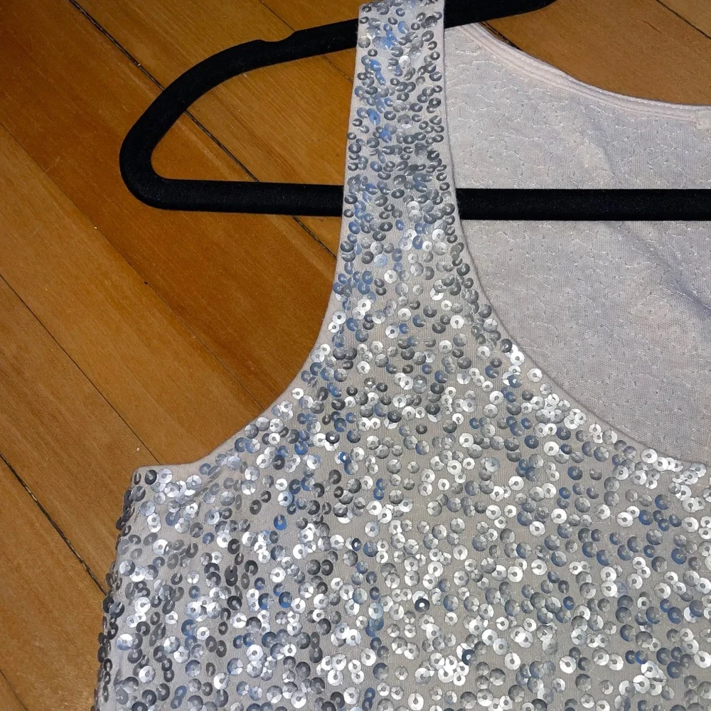 J. Crew Sequin Tank Top Sparkle Party Festive Linen Blend Silver Cream M…